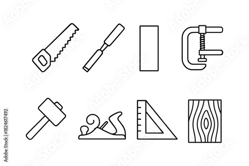 Minimalist line art of carpentry tools: saw, chisel, clamp, wood plane, and more