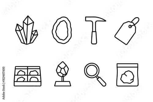 Outline icons of crystals, gems, and geology tools for science and collection