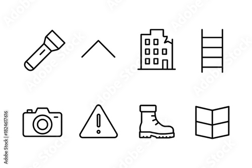 Essential outdoor icons set: flashlight, tent, camera, map, hiking gear