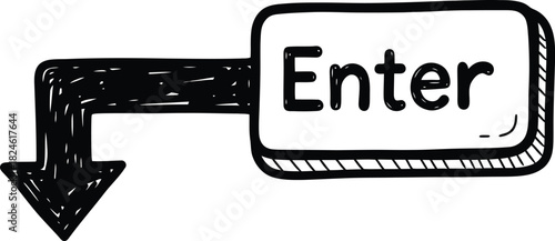 Hand-drawn simple keyboard enter key icon, doodle solid black on white, with a rough arrow, quick input sketch