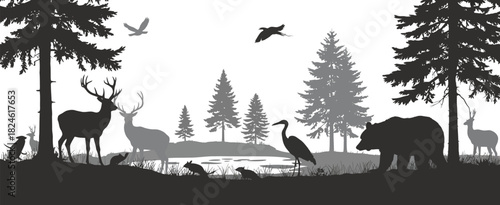Bears and deer with birds in a dramatic forest silhouette scene, highlighting wild animal harmony, layered natural scenery, and expressive landscape elements for creative illustration