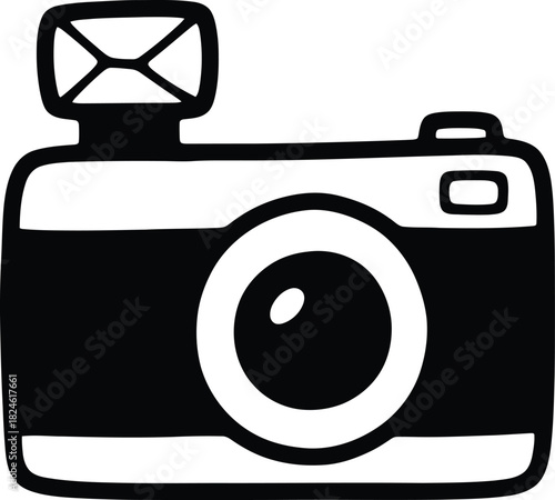 Hand-drawn simple film camera icon, doodle solid black on white, with a slightly crooked flash, quick video sketch