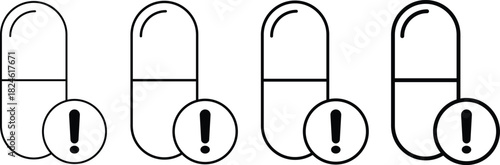 Overdose icon set. Medication health risk signs. Pills and warning icon.  Drug misuse symbols. Fatal medication signs
