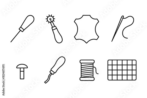 Sewing and leather crafting tools icons set in linear style