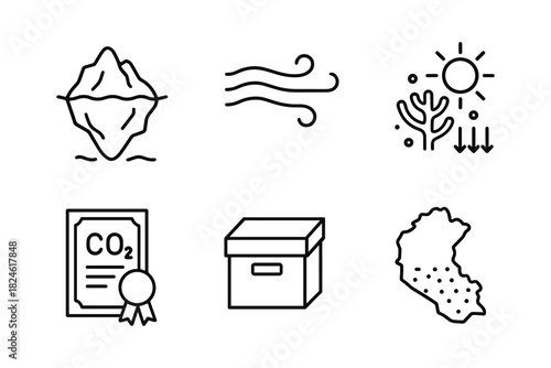 Climate change icons: iceberg, wind, coral, sun, co2 certificate, storage box, deforestation