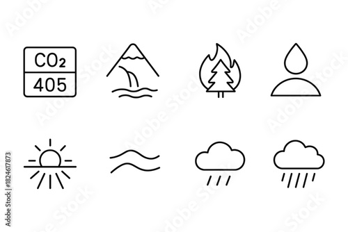 Minimalist climate icons: carbon emissions, natural disasters, water cycle, and weather patterns