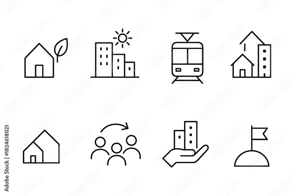Fototapeta premium Minimalist urban icons set featuring buildings, transportation, and community symbols
