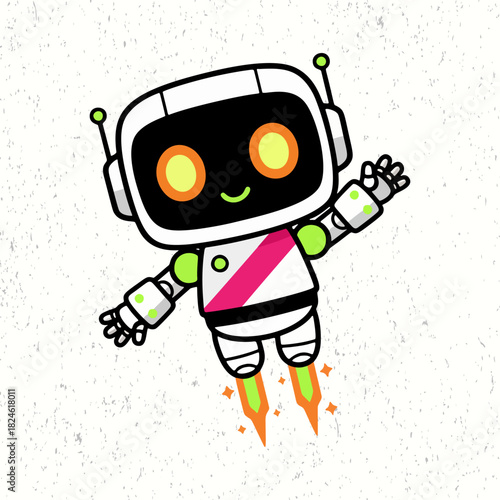 Playful cute robot unleashing its unique abilities in a colorful flat illustration, highlighted with energy sparks and a fun futuristic atmosphere.