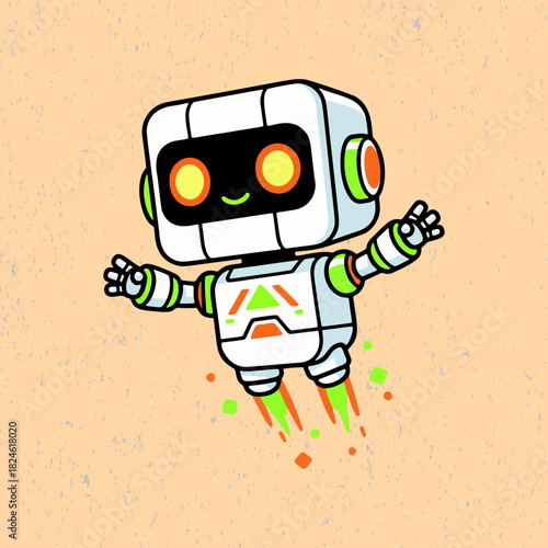 Smiling cartoon robot demonstrating its powerful abilities using light trails and energy effects in a clean, colorful vector composition.