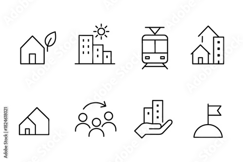Minimalist urban icons set featuring buildings, transportation, and community symbols