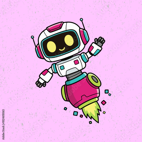 Friendly cartoon robot character activating its power mode with light effects, joyful pose, and a simple flat vector aesthetic.