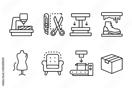 Linear icons of sewing, manufacturing, and packaging equipment