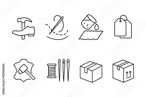 Crafting and shipping icons: minimalist line art for tailoring and packaging