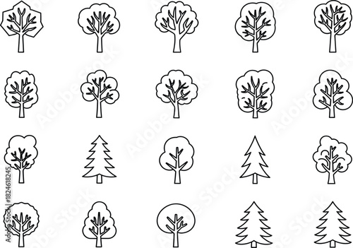 A collection of 20 hand-drawn style vector icons representing various types of trees and coniferous trees. These icons are presented in a black and white line art style, suitable for use in graphic