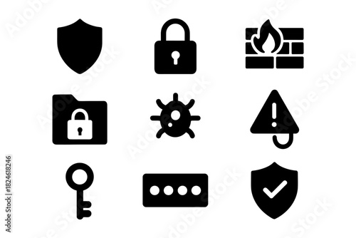 Security and protection icons set: lock, shield, and firewall symbols
