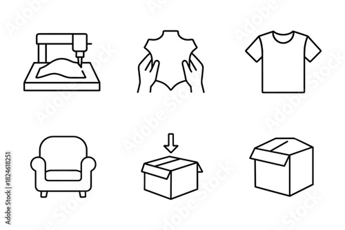 Linear icons: cnc machine, leather crafting, apparel, armchair, packaging process