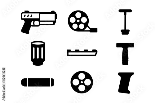 Black and white shooting equipment icons set for firearm enthusiasts and filmmakers