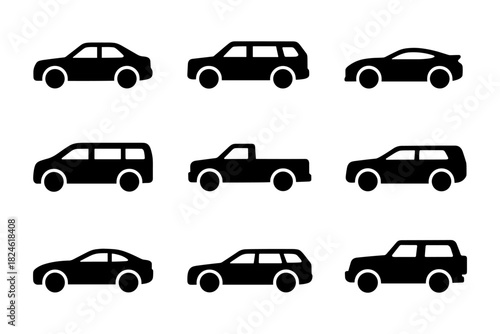 Silhouette set of various car models in black on white background