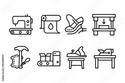Sewing and leather crafting process icons in linear style