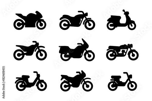 Silhouette collection of diverse motorcycle and scooter types on white background