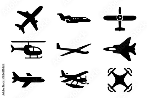 Silhouette collection of diverse aircraft and drones in flight