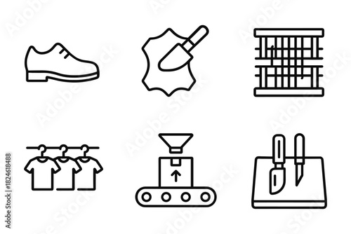 Linear icons of shoe production: shoe, leather, fabric, clothing, conveyor, tools