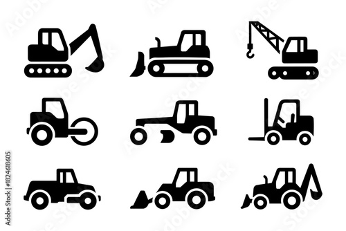 Construction equipment silhouettes: tractors, excavators, cranes, and bulldozers