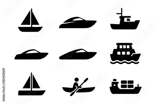 Minimalist boat and ship silhouettes collection for nautical designs