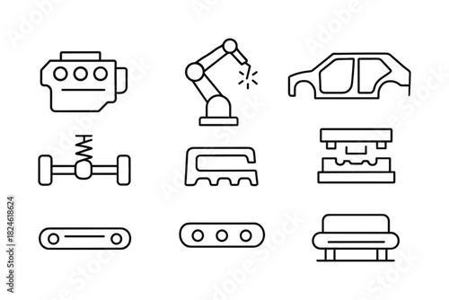 Linear icons of car parts and manufacturing equipment for modern design