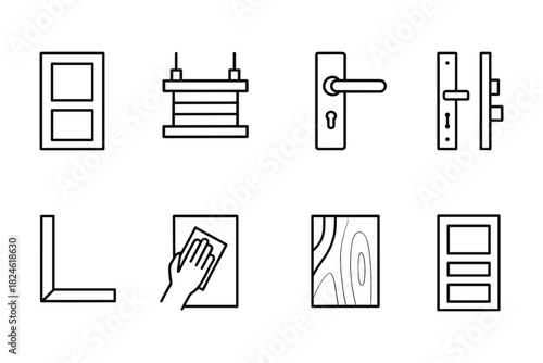 Set of eight linear icons: windows, door handles, and carpentry elements