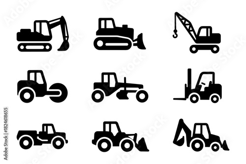 Silhouette construction and farming equipment icons set