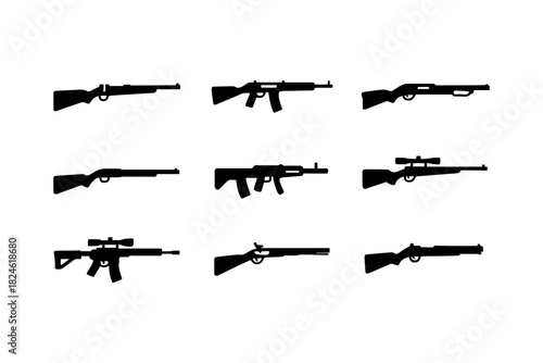 Silhouette collection of different firearms on white background