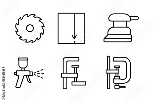 Set of simple linear icons for woodworking tools and equipment