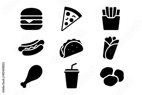 Silhouette icons of popular fast food items including pizza and burger