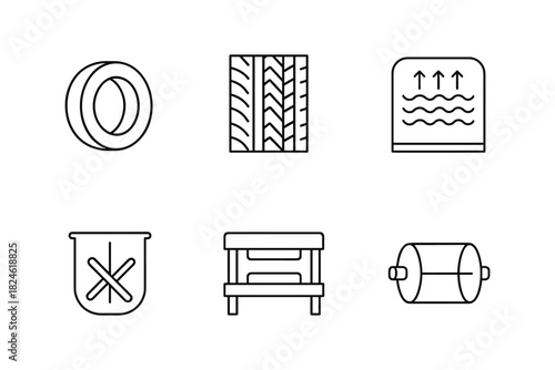 Minimalist icons of car tire, tread, air filter, oil filter, suspension, and exhaust