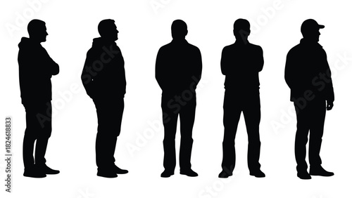 Five male silhouettes in various standing poses isolated on white background, Vector