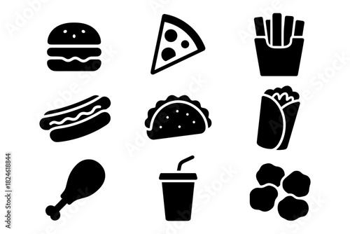 Classic fast food icons set in bold black silhouette style for modern designs