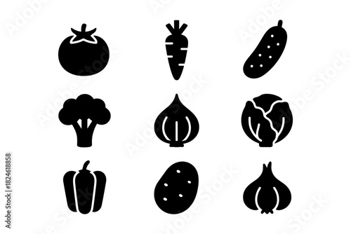 Simple vegetable silhouettes in black and white for healthy food designs