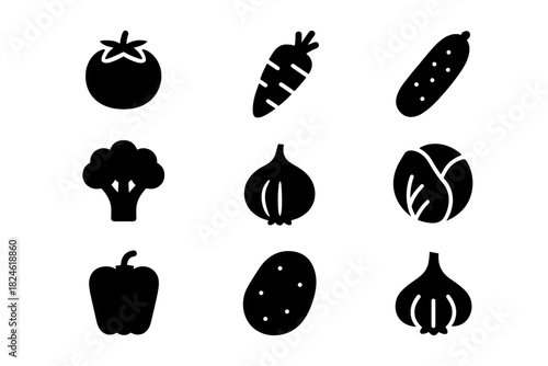 Minimalist vegetable icons: tomato, carrot, cucumber, broccoli, onion, cabbage, bell pepper, potato, garlic