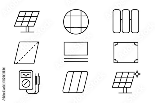 Minimalist solar power icons collection featuring panels and gadgets