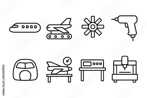 Linear outline icons set: airplane, machinery, and tools collection
