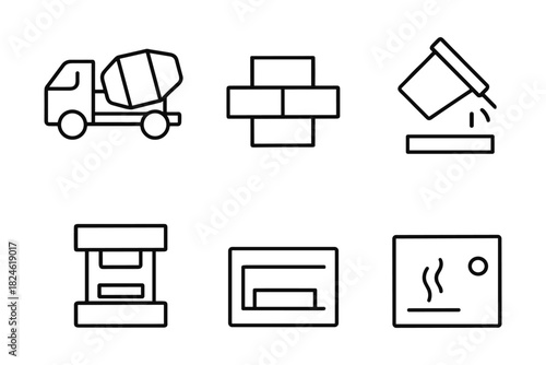 Construction icons: simple linear symbols of tools and building elements