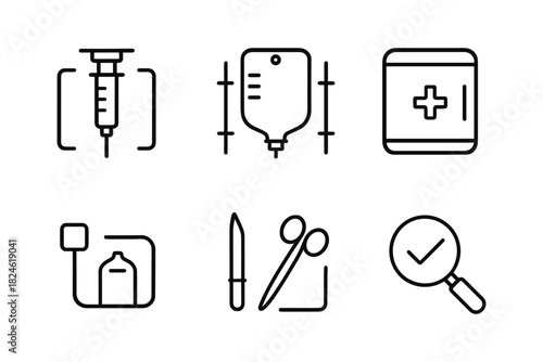 Minimalist medical icons set featuring syringe, iv bag, first aid, medicine, scalpel, scissors