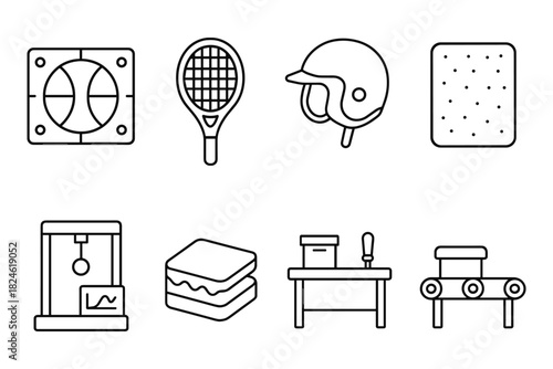 Outline sports and industrial icons featuring helmet, tennis racket, and factory equipment