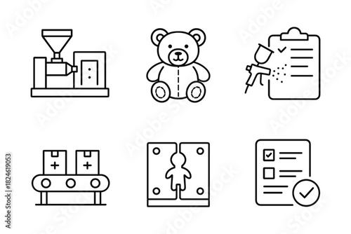 Toy manufacturing icons: linear design featuring equipment and quality control symbols