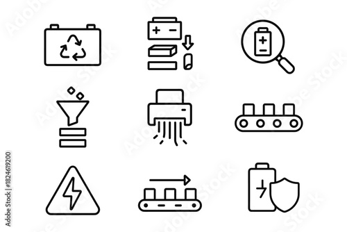 Battery recycling and power management icons - minimalist linear style