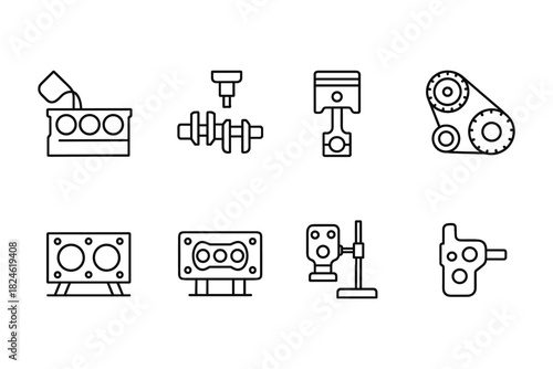 Minimalist engine components icons in linear style for automotive design