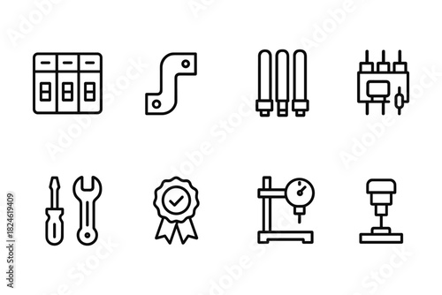 Line icons of electrical components and tools for industrial use