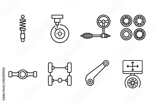 Automotive components icons set: line art suspension, brakes, bearings, steering