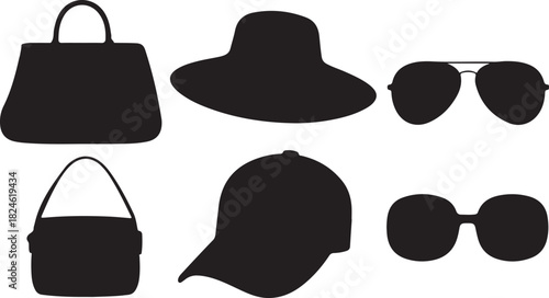 Black Silhouette Icons of Handbags, Hats, and Sunglasses on a White Background purse baseball cap
